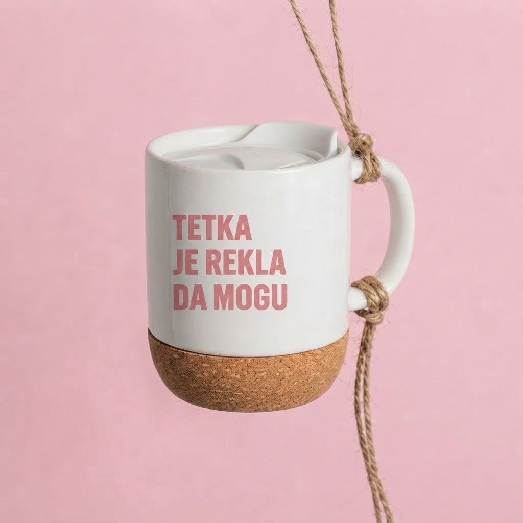 Bela šoljica sa poklopcem i plutanom osnovom, natpis Tetka je rekla da mogu